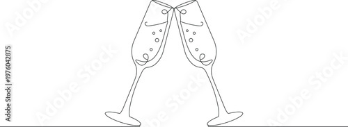 Continuous one line drawing of champagne glasses toasting. Line art style. Draw thin linear width. Editable stroke vector illustration