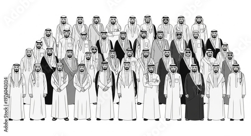 Group of Arab men in traditional attire, posing for a photograph.