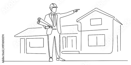 Continuous line drawing of an architect holding blueprints and pointing towards a modern house Vector, illustration