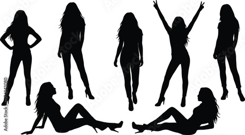 Set of young women silhouettes in dynamic poses, standing sitting and celebrating vector illustration collection