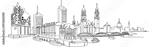 Continuous single line drawing of Hamburg skyline, Germany city landmark outline