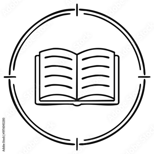 Open book with lined pages inside a hand drawn circular frame with crosshairs symbol