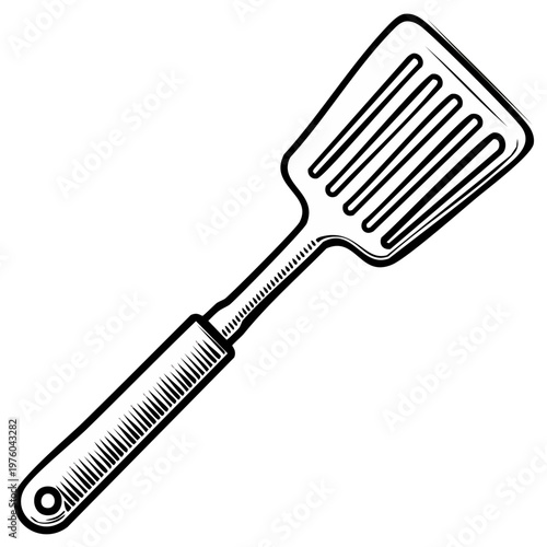 Spatula engraved illustration: classic kitchen tool sketch for cooking design projects and food themed applications in black and white