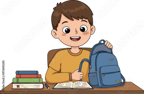 Smiling school boy holding backpack at desk with books, education learning cartoon illustration isolated design