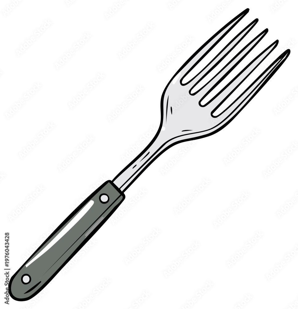 Naklejka premium Classic four-tined metal eating utensil with a dark gray handle and silver tines
