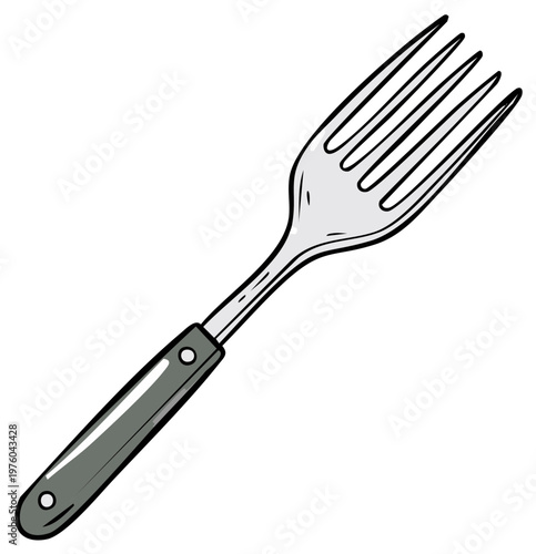 Classic four-tined metal eating utensil with a dark gray handle and silver tines