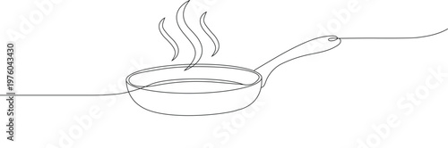 Continuous one line drawing of cooking pan with steam. Line art style. Single contour art. Doodle hand drawn vector illustration