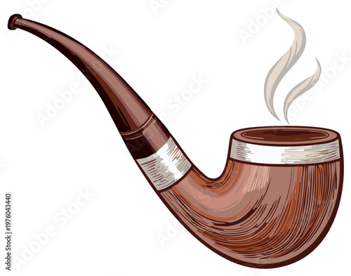 Smoking Tobacco Pipe with Smoke Plumes - Brown Wooden Pipe Isolated Illustration