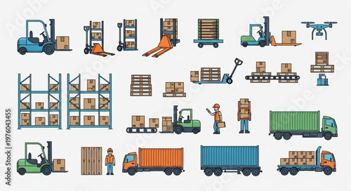 Warehouse Logistics and Distribution Icons - Forklifts, Trucks, and Shelves.
