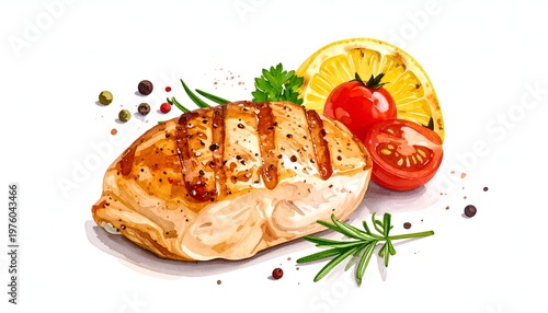 Watercolor illustration of a grilled chicken breast with vegetables and herbs, ready for a delicious meal