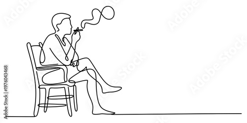 A single continuous line drawing of a person sitting in a chair and smoking with a relaxed pose Vector, illustration