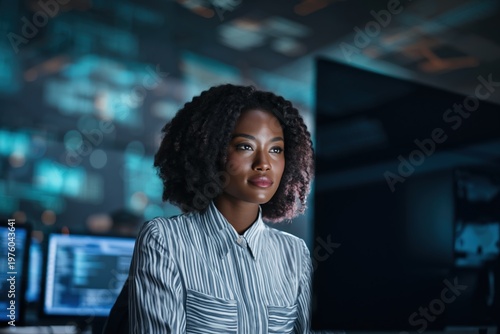 Woman it specialist observing system displays in control center