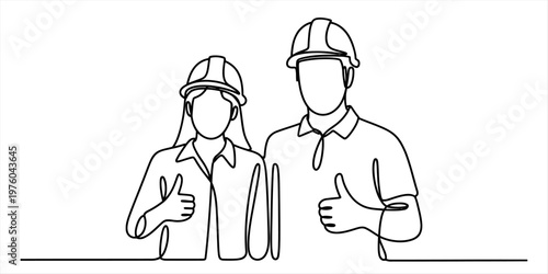 Continuous line drawing of a male and female engineer wearing hard hats and giving a thumbs up. Vector, illustration