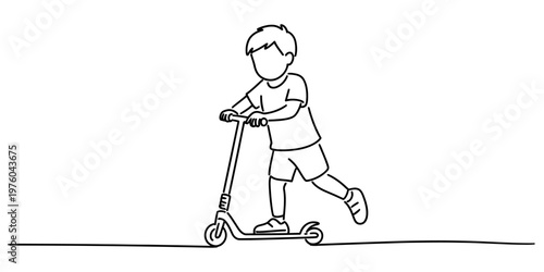 A simple black and white line drawing of a young boy riding a kick scooter on a flat surface line Vector, illustration
