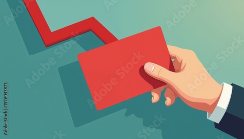 Hand holds red card near falling red graph line. Economic downturn financial crisis concept. Business money loss. Budget cuts, recession news graphic.