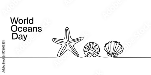 Minimalist continuous line art design celebrating world oceans day with marine life elements. Vector, illustration