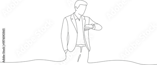Continuous one line drawing of businessman checking watch. Editable stroke outline line art style. Draw thin linear width vector illustration