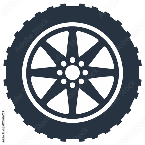 Automotive wheel icon with rugged off-road tire tread and eight spoke rim.