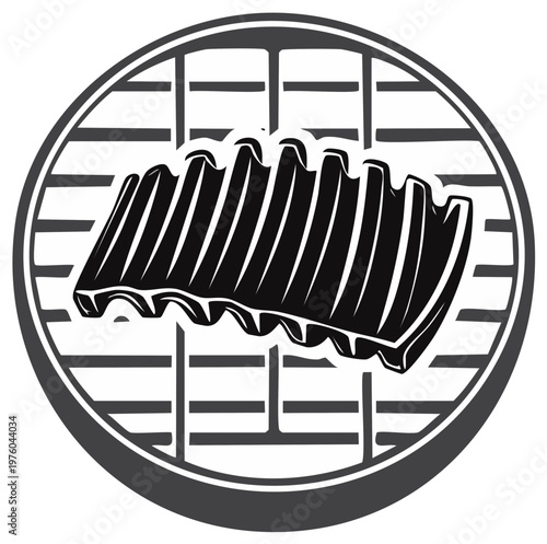 Rack of pork ribs grilling on a round barbecue grate black and white vector icon