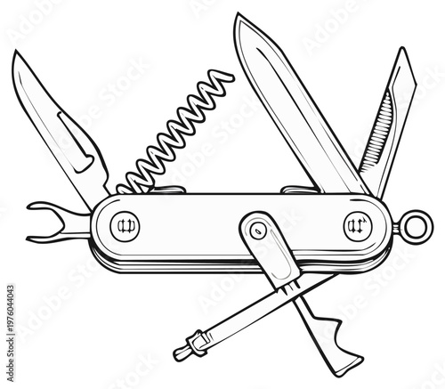 Versatile multi-tool illustration showing various implement blades and tools
