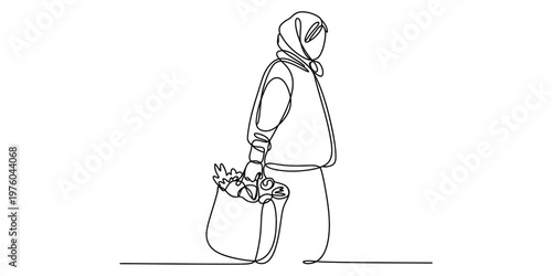 A single continuous line drawing of a woman in a headscarf carrying a bag filled with groceries. Vector, illustration