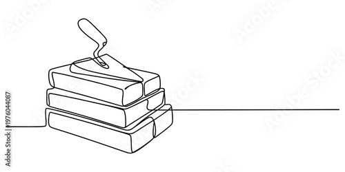 A single continuous line drawing of a bricklaying tool resting on top of a stack of red bricks Vector, illustration