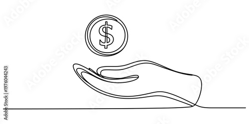 A single continuous line drawing of a human hand catching or holding a golden dollar coin symbol Vector, illustration