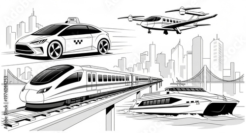 Futuristic Transportation Methods in a Modern Cityscape.
