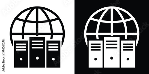Global networking icon with three server towers positioned in front of a world globe. Represents international data centers, worldwide web hosting, and global internet infrastructure.