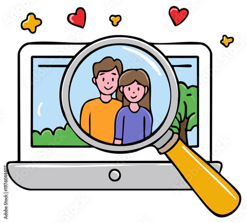 Online dating concept illustration of a magnifying glass focusing on a couple's profile picture on a laptop