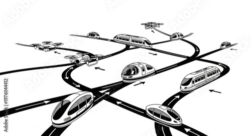 Futuristic transportation system with high-speed trains and elevated tracks.