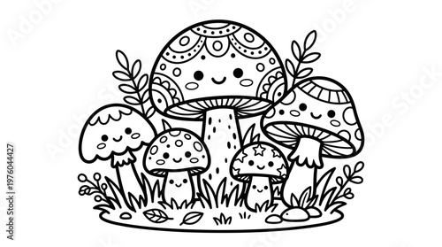 Colorful illustration of happy mushrooms.