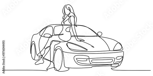 A single line drawing illustration of a beautiful woman standing against a modern sport car model. Vector, illustration