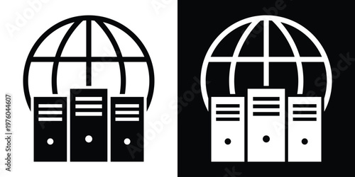 Global networking icon with three server towers positioned in front of a world globe. Represents international data centers, worldwide web hosting, and global internet infrastructure.