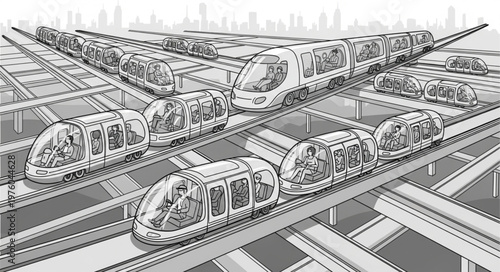 Futuristic Transportation System with Multiple Trains on Elevated Tracks.