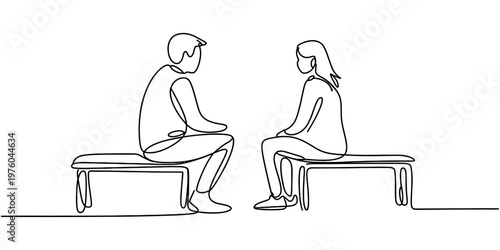 A continuous line drawing of a man and a woman sitting on benches and having a deep conversation Vector, illustration