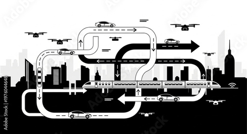 Futuristic urban transportation system with drones and autonomous vehicles.