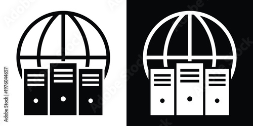 Global networking icon with three server towers positioned in front of a world globe. Represents international data centers, worldwide web hosting, and global internet infrastructure.