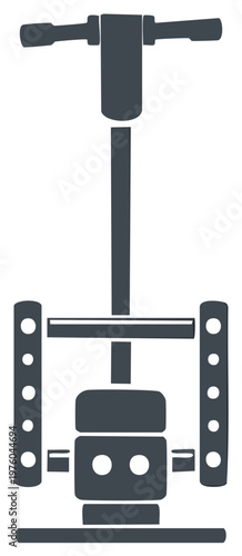 Abstract minimalist dark grey illustration of a mechanical device with a handle and two wheels
