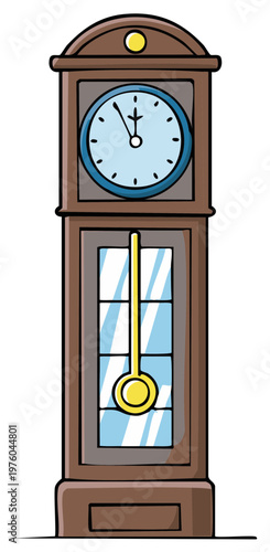 Classic grandfather clock with pendulum swinging and Roman numeral dial indicating time