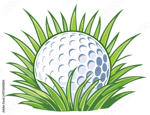 Golf Ball Nestled in Lush Green Grass Blades Illustration with Dimples
