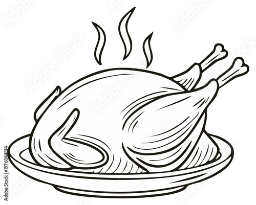 Hot Roasted Chicken on Serving Platter with Steam Rising Minimalist Line Art
