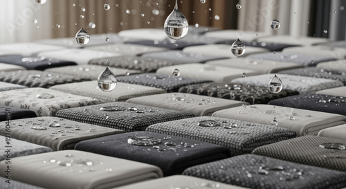 Water Beading on Waterproof Textile Samples Displaying Hydrophobic Technology for Upholstery and Outdoor Fabric Protection