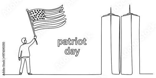 A single line drawing of a person holding a united states flag near the twin towers for patriot day Vector, illustration