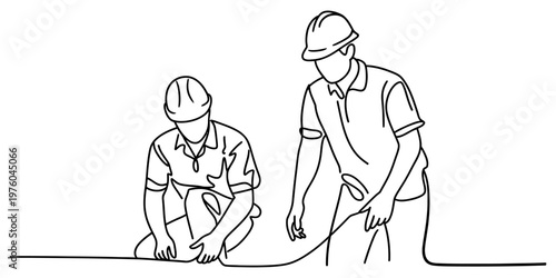 A continuous line drawing of two construction workers collaborating on a project in the workplace. Vector, illustration