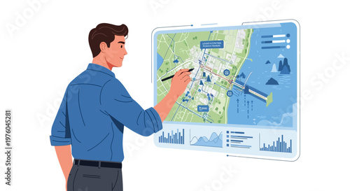 Man interacting with digital map on futuristic touchscreen interface