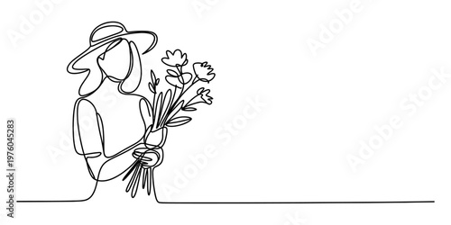 Minimalist continuous line drawing of a woman wearing a sun hat while holding a floral bouquet Vector, illustration