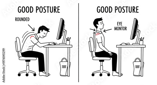 Good Posture vs Bad Posture at Computer Desk Illustration.
