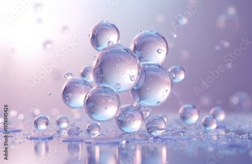 Transparent glass spheres float with tiny water droplets. Abstract background suggests cosmetic or science concepts. Clean, pure, and refreshing water elements. Scientific or beauty care visuals.