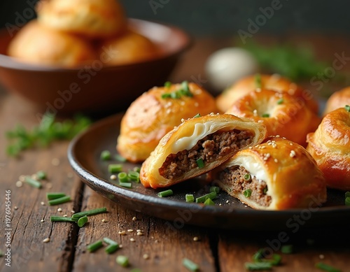 Golden baked piroshki pastries filled with ground meat, herbs, served on dark plate. One pastry cut open showing juicy filling. Bowl of pastries sits in background. Chives, sesame seeds garnish